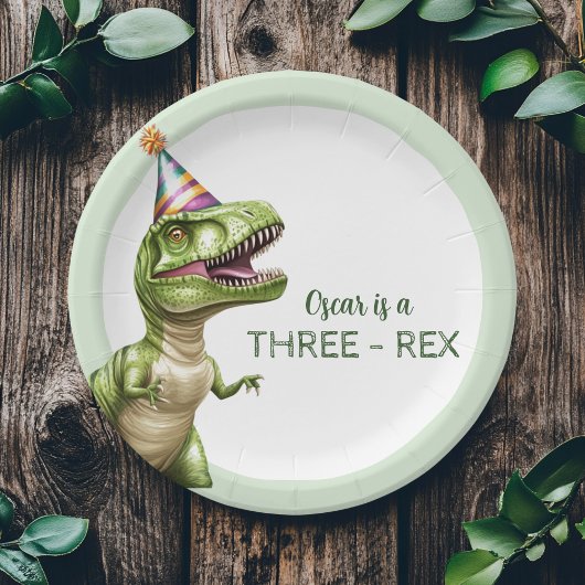 Drie-Rex Dinosaurus Verjaardag | Green Dino Papieren Bordje