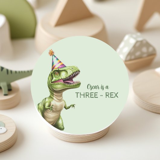 Drie-Rex Dinosaurus Verjaardag | Green Dino Ronde Sticker