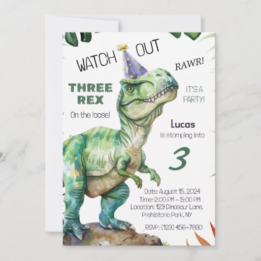 Drie Rex Dinosaurus Verjaardag Uitnodiging (Voorkant)