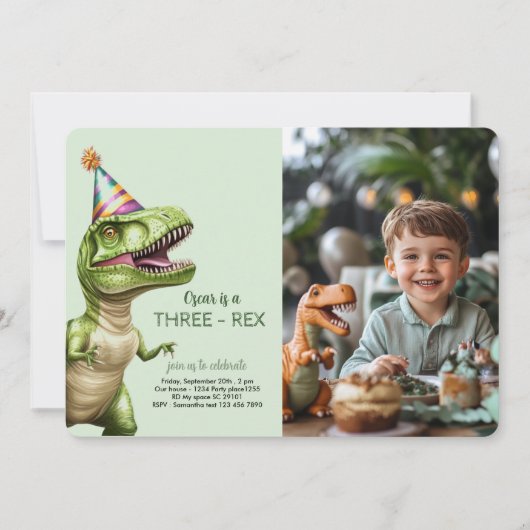 Drie-Rex Dinosaurus Verjaardag Uitnodiging met Fot (Voorkant)