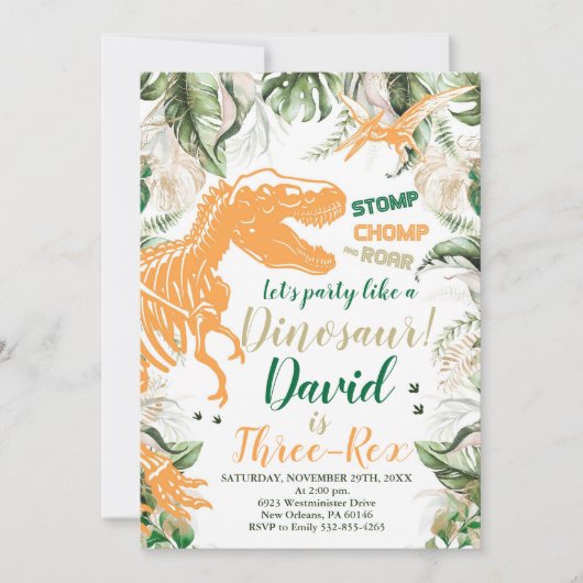 Drie-Rex Dinosaurus Verjaardagsfeest, Dino T-Rex Kaart (Voorkant)