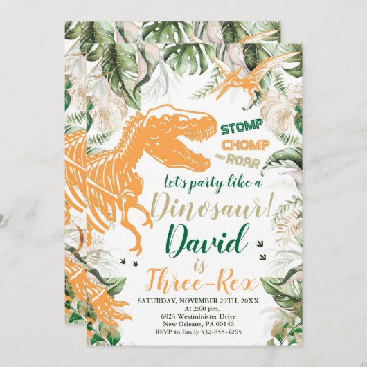 Drie-Rex Dinosaurus Verjaardagsfeest, Dino T-Rex Kaart (Voorkant / Achterkant)