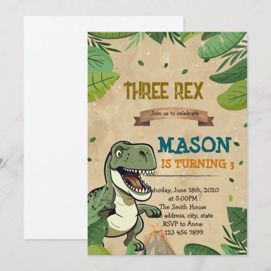 DRIE REX dinosaurus verjaardagsuitnodiging Kaart (Voorkant / Achterkant)