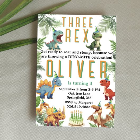 Drie rex Dinsoaur verjaardag, waterverf t-rex Kaart