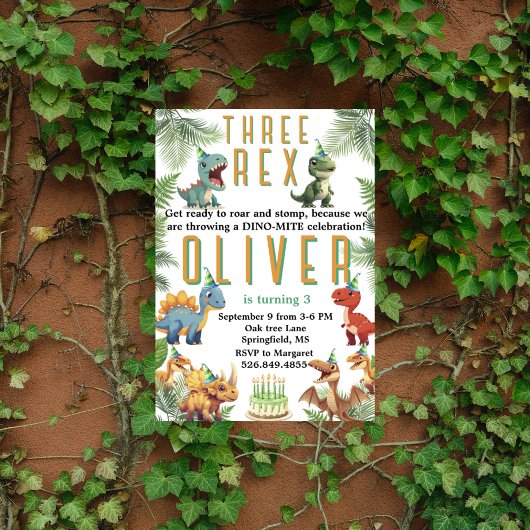 Drie rex Dinsoaur verjaardag, waterverf t-rex Kaart