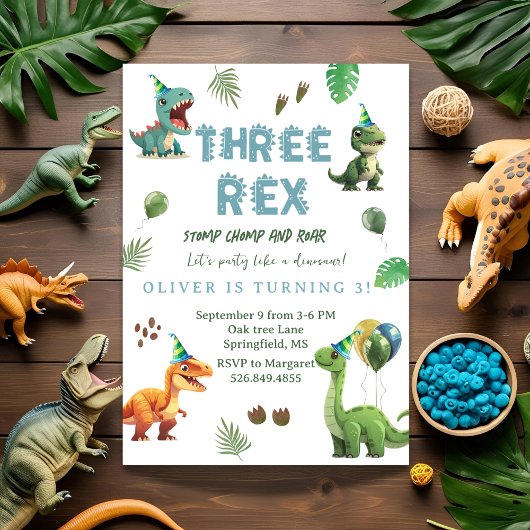 Drie rex Dinsoaur verjaardag, waterverf t-rex Kaart