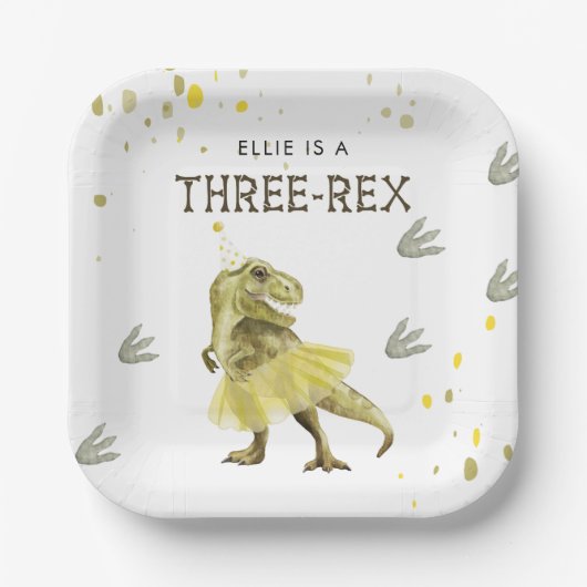 Drie Rex & Geel Tutu Verjaardagsfeest Papier Bord (Voorkant)
