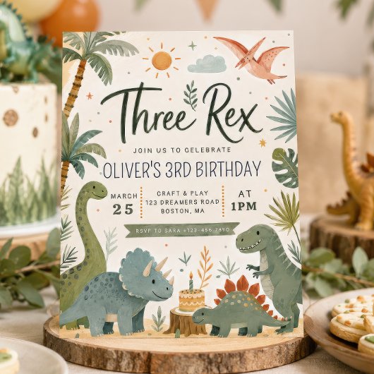 Drie Rex Jongens Dinosaurus Verjaardagsuitnodiging Kaart