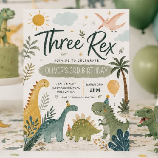 Drie Rex Jongens Dinosaurus Verjaardagsuitnodiging Kaart