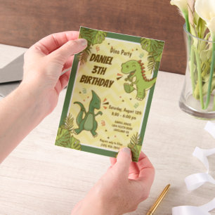 Drie Rex Kids Dinosaur 3de Verjaardagsfeestje Vellum Uitnodigingen