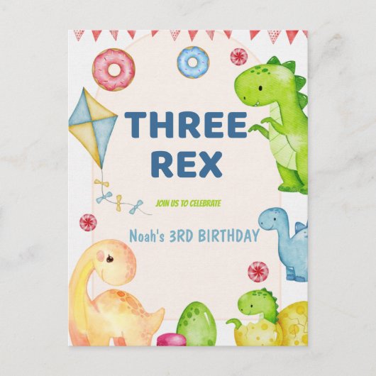 Drie Rex Kinder Dinosaurus 3e Verjaardagsfeest Briefkaart (Voorkant)