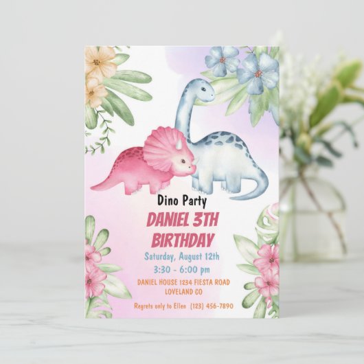 Drie Rex Kinder Dinosaurus 3e Verjaardagsfeest Kaart (Staand voorkant)