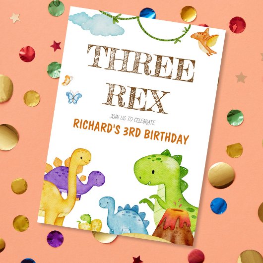 Drie Rex Kinder Dinosaurus 3e Verjaardagsfeest Kaart