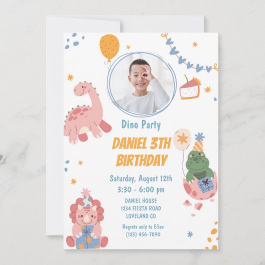 Drie Rex Kinder Dinosaurus 3e Verjaardagsfeest Kaart (Voorkant)