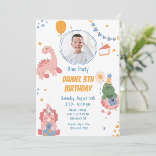 Drie Rex Kinder Dinosaurus 3e Verjaardagsfeest Kaart (Staand voorkant)