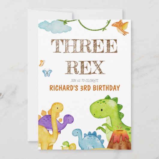 Drie Rex Kinder Dinosaurus 3e Verjaardagsfeest Kaart (Voorkant)