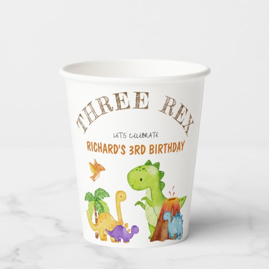 Drie Rex Kinder Dinosaurus 3e Verjaardagsfeest Papieren Bekers (Achterkant)