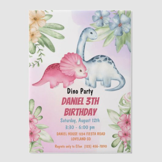 Drie Rex Kinder Dinosaurus 3e Verjaardagsfeest Vellum Uitnodigingen (Voorkant)
