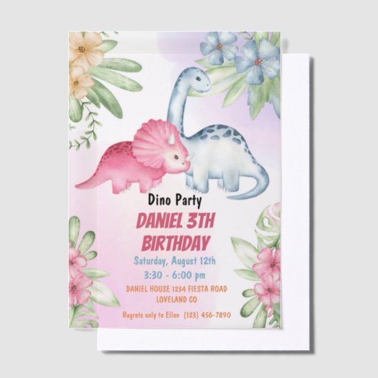 Drie Rex Kinder Dinosaurus 3e Verjaardagsfeest Vellum Uitnodigingen (Offset)