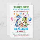 Drie rex malle dinosaurus verjaardagsfeestje kaart (Voorkant)