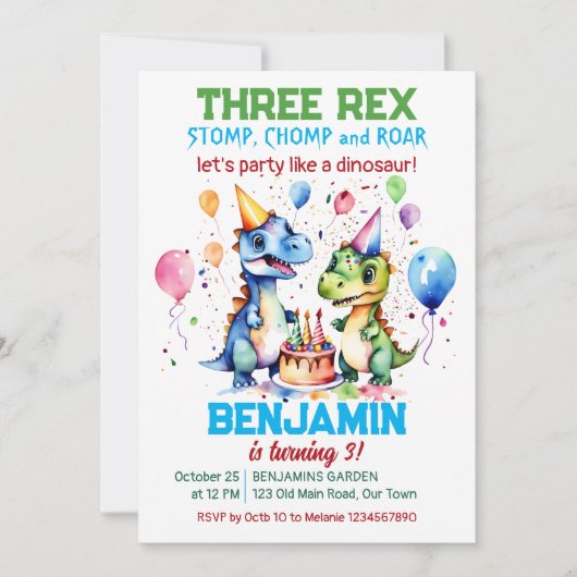Drie rex malle dinosaurus verjaardagsfeestje kaart (Voorkant)