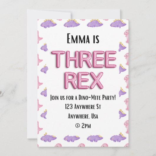 Drie Rex Meisje Dinosaurus Verjaardagsfeest Uitnod Kaart (Voorkant)