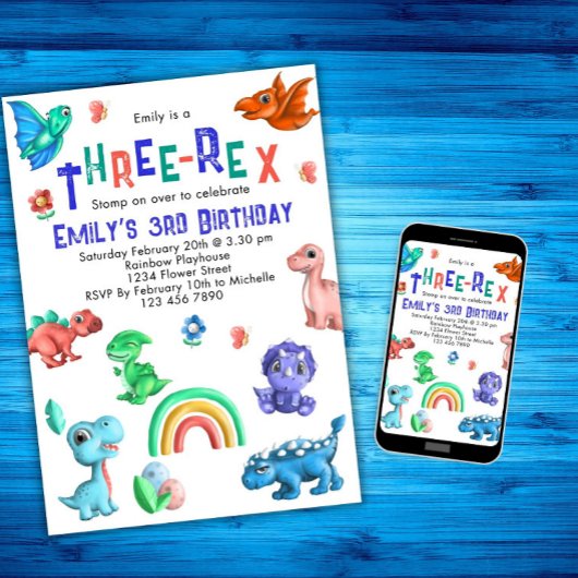 Drie-Rex Meisjes 3e Verjaardag Dinosaur Party Dino Kaart