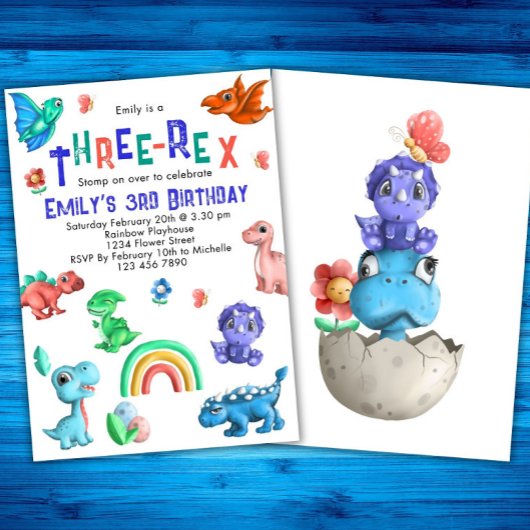 Drie-Rex Meisjes 3e Verjaardag Dinosaur Party Dino Kaart