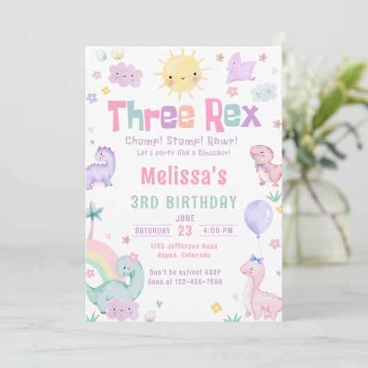 Drie Rex Pastel Dinosaurus 3e Verjaardagsfeest Kaart (Staand voorkant)