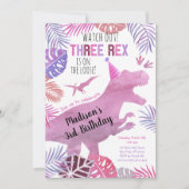 Drie Rex Pink Paars Girl Dinosaur Birthday Kaart (Voorkant)
