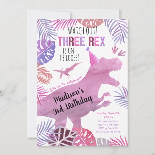 Drie Rex Pink Paars Girl Dinosaur Birthday Kaart (Voorkant)