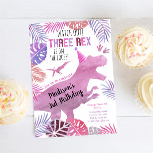 Drie Rex Pink Paars Girl Dinosaur Birthday Kaart