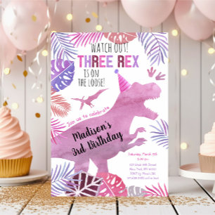 Drie Rex Pink Paars Girl Dinosaur Birthday Kaart