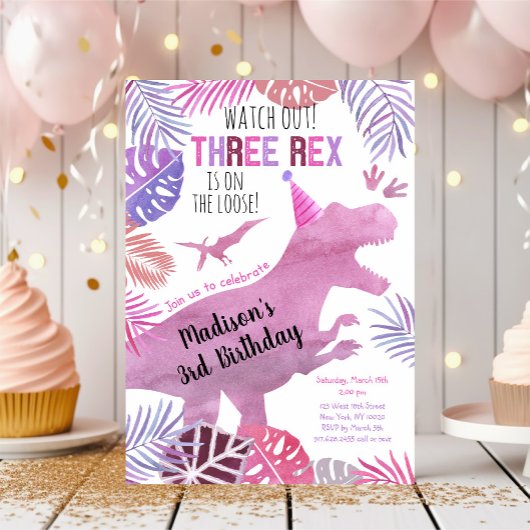Drie Rex Pink Paars Girl Dinosaur Birthday Kaart