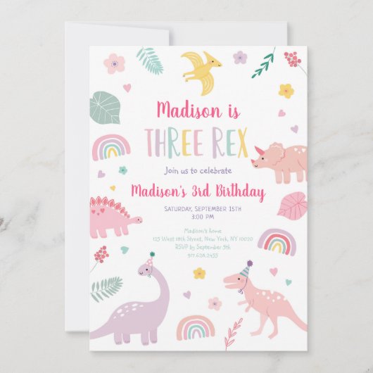 Drie Rex Roze Boho Dinosaurus Verjaardag Kaart (Voorkant)