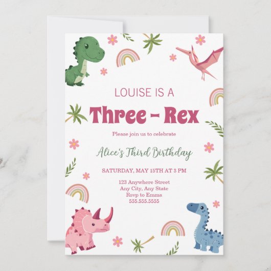 Drie-Rex Roze Dinosaur Girl derde verjaardag Kaart (Voorkant)