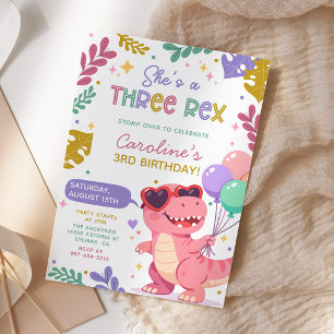 Drie Rex Roze Dinosaur Girl Verjaardagsfeestje Kaart