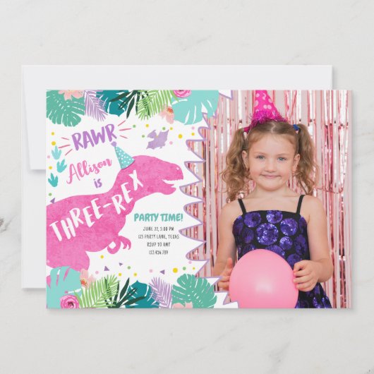 Drie-Rex Roze Dinosaurus Meisje Derde 3e Verjaarda Kaart (Voorkant)