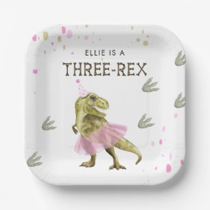 Drie Rex & Roze Tutu Verjaardagsfeestje Papieren B Bordje