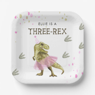 Drie Rex & Roze Tutu Verjaardagsfeestje Papieren B Bordje