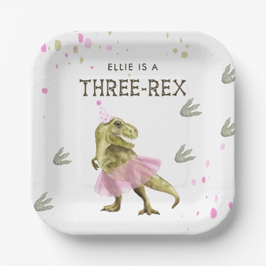 Drie Rex & Roze Tutu Verjaardagsfeestje Papieren B Bordje (Voorkant)