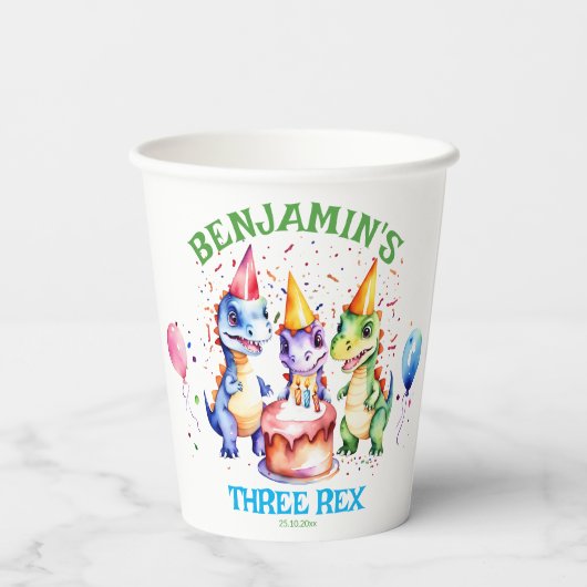 Drie rex schattige dinosaurussen verjaardag servie papieren bekers (Achterkant)