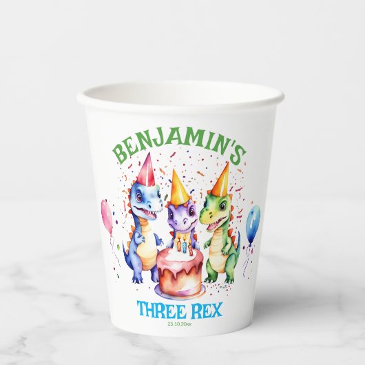 Drie rex schattige dinosaurussen verjaardag servie papieren bekers (Voorkant)
