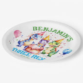 Drie rex schattige dinosaurussen verjaardag servie papieren bordje (Gekanteld)