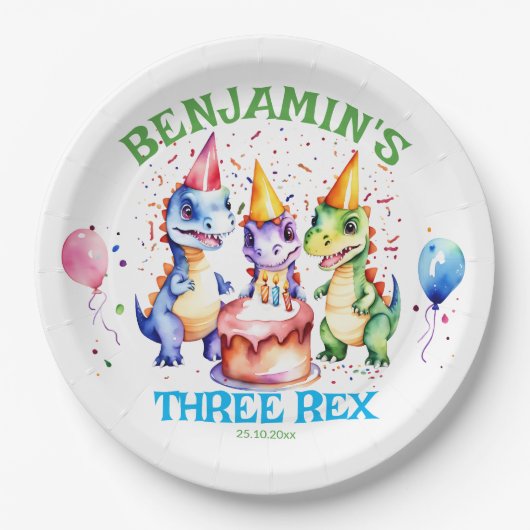 Drie rex schattige dinosaurussen verjaardag servie papieren bordje (Voorkant)