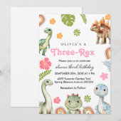 Drie Rex Uitnodiging Meisje Dinosaurus Verjaardag (Voorkant / Achterkant)
