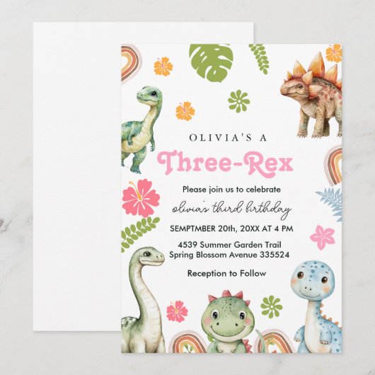 Drie Rex Uitnodiging Meisje Dinosaurus Verjaardag (Voorkant / Achterkant)