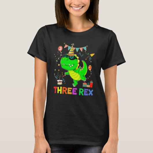 Drie Rex Verjaardag Dinosaur 3e Verjaardagsfeestje T-shirt (Voorkant)