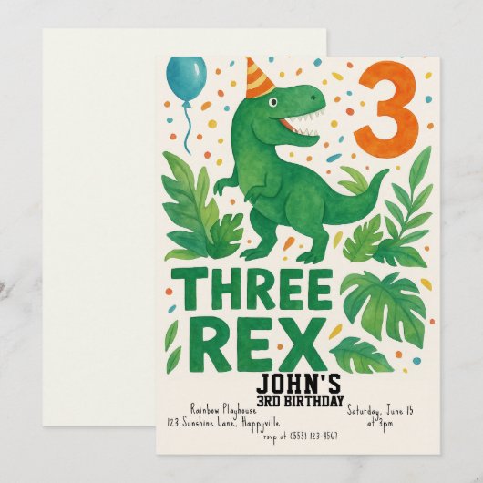 Drie Rex Verjaardag Uitnodiging Jongen – Dinosauru (Voorkant / Achterkant)