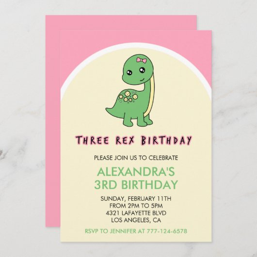 Drie rex verjaardag uitnodiging meisje dinosaurus  (Voorkant / Achterkant)